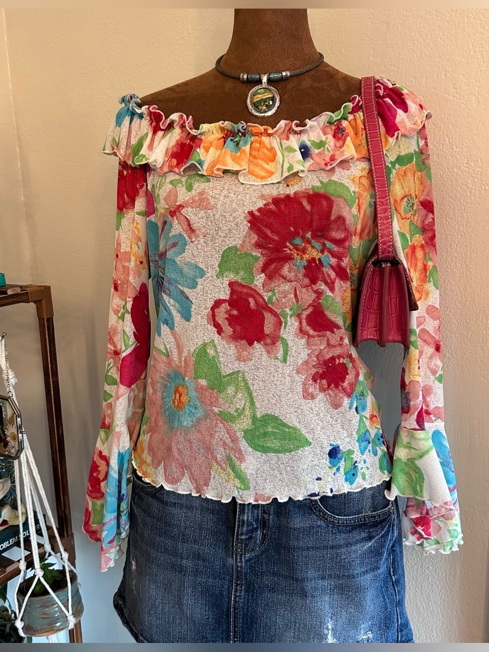 Fairycore White Multicolor Floral Off the Shoulfer Bell Sleeve Top by Clio